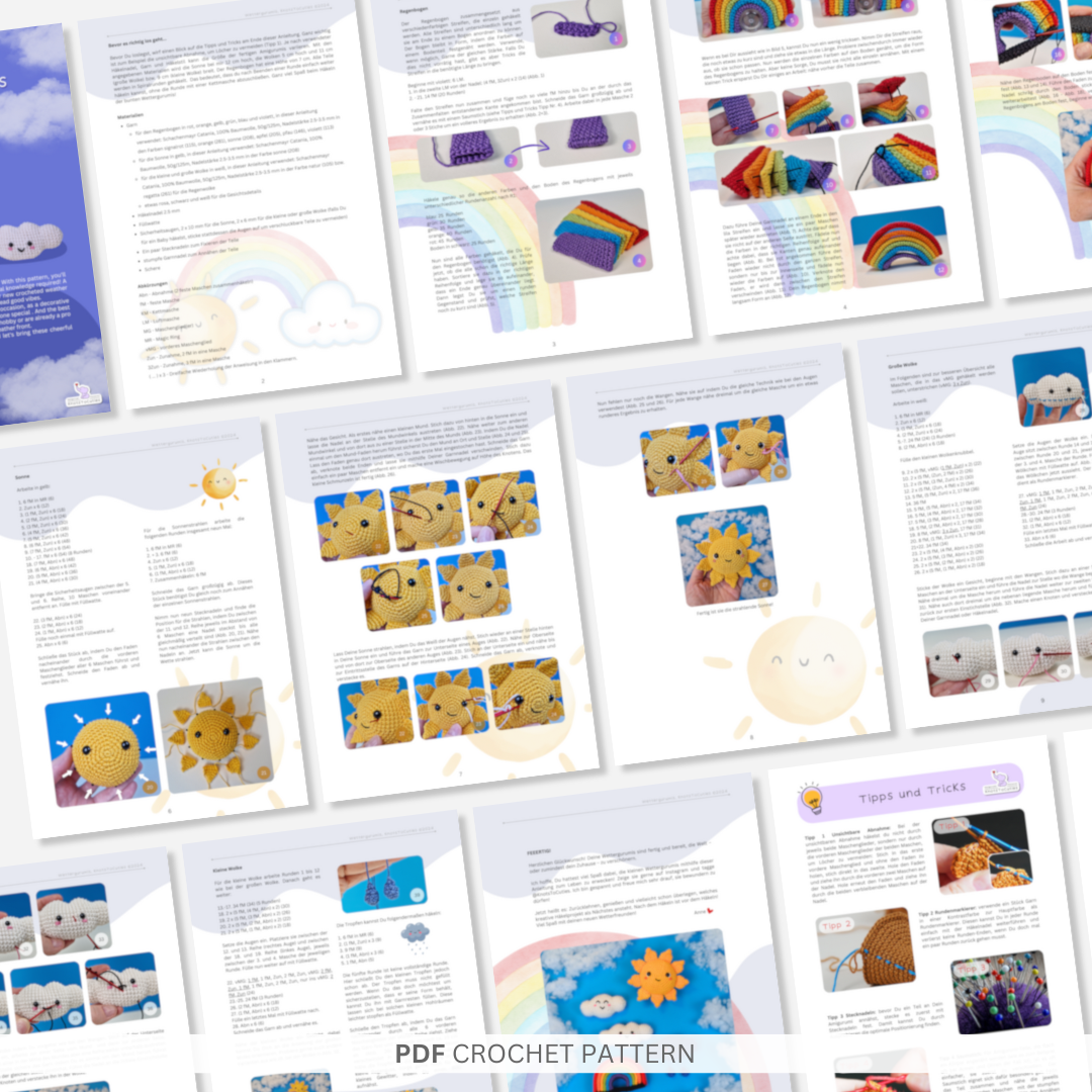 Weathergurumis Crochet Pattern with Sun, Cloud, Rain Cloud, and Rainbow